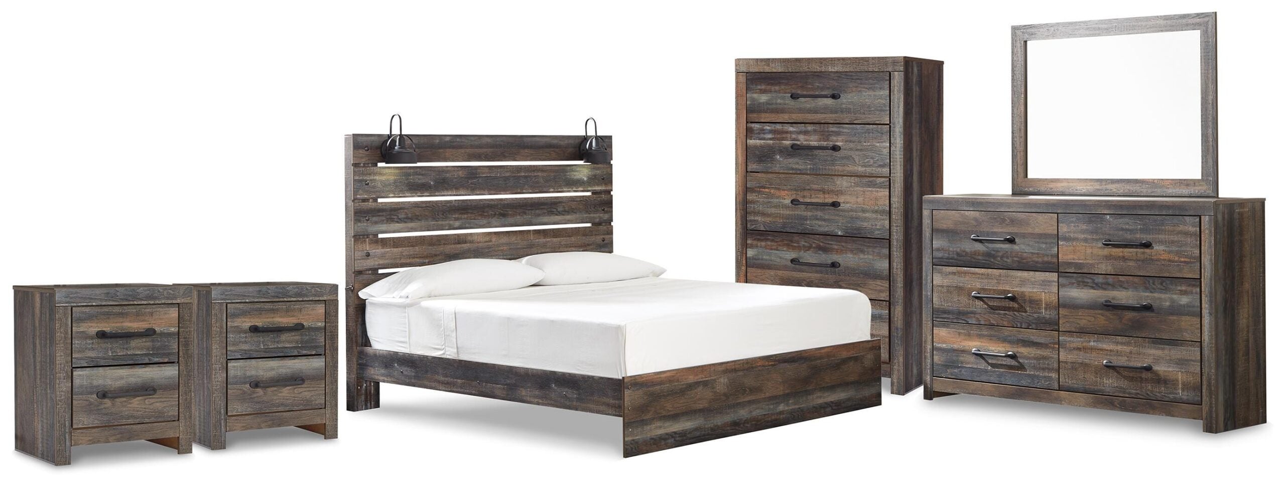 03c37c402cb8c8679ea1220de80ba3e0 Drystan King Panel Bed, Dresser, Mirror and 2 Nightstands - Image 1