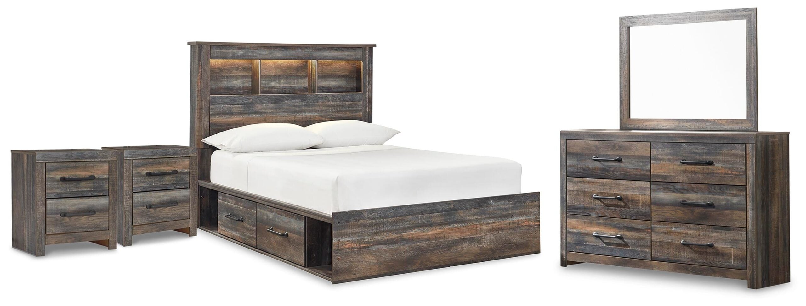 15ab8314612d13f1841fc152f3796d52 Drystan Full Bookcase Storage Bed, Dresser, Mirror and 2 Nightstands - Image 1