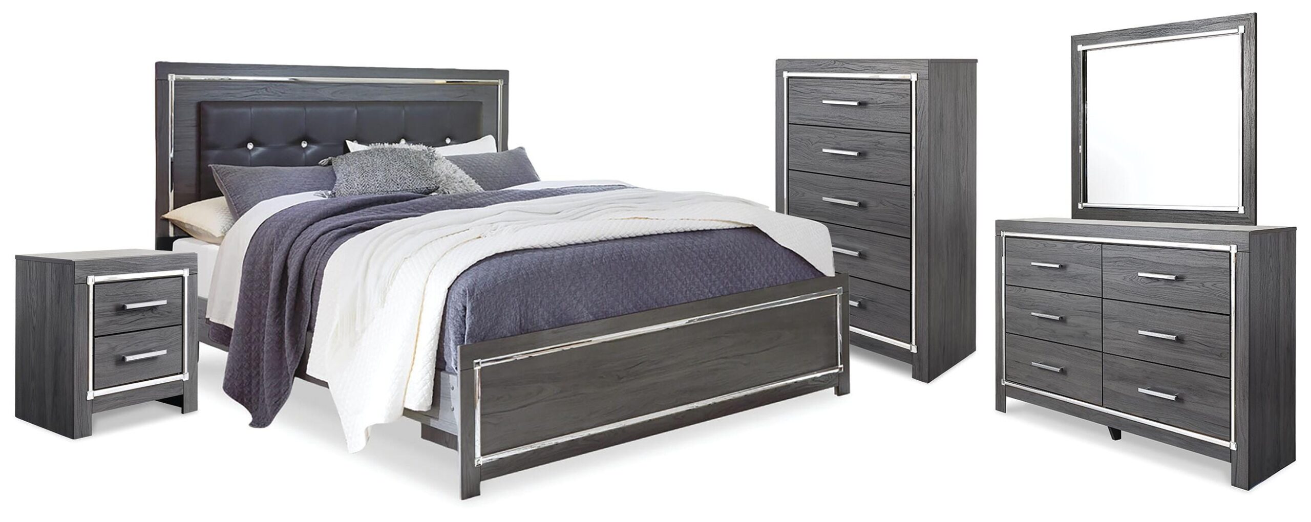 1c9ac992a0a90010aac14ed1e79f63ff Lodanna King Upholstered Panel Bed, Dresser, Mirror, Chest and Nightstand - Image 1