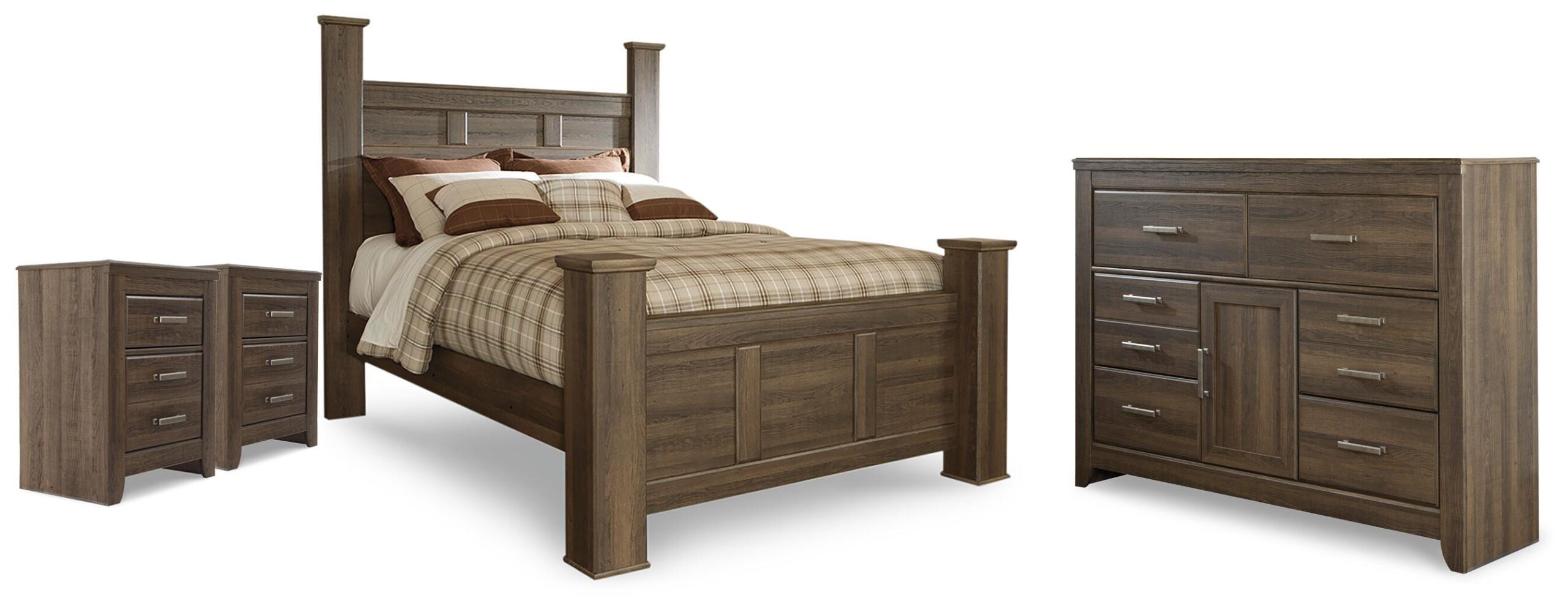 1e907e60ae758b2d1d342dae6304b2fd Juararo Queen Poster Bed, Dresser and 2 Nightstands - Image 1