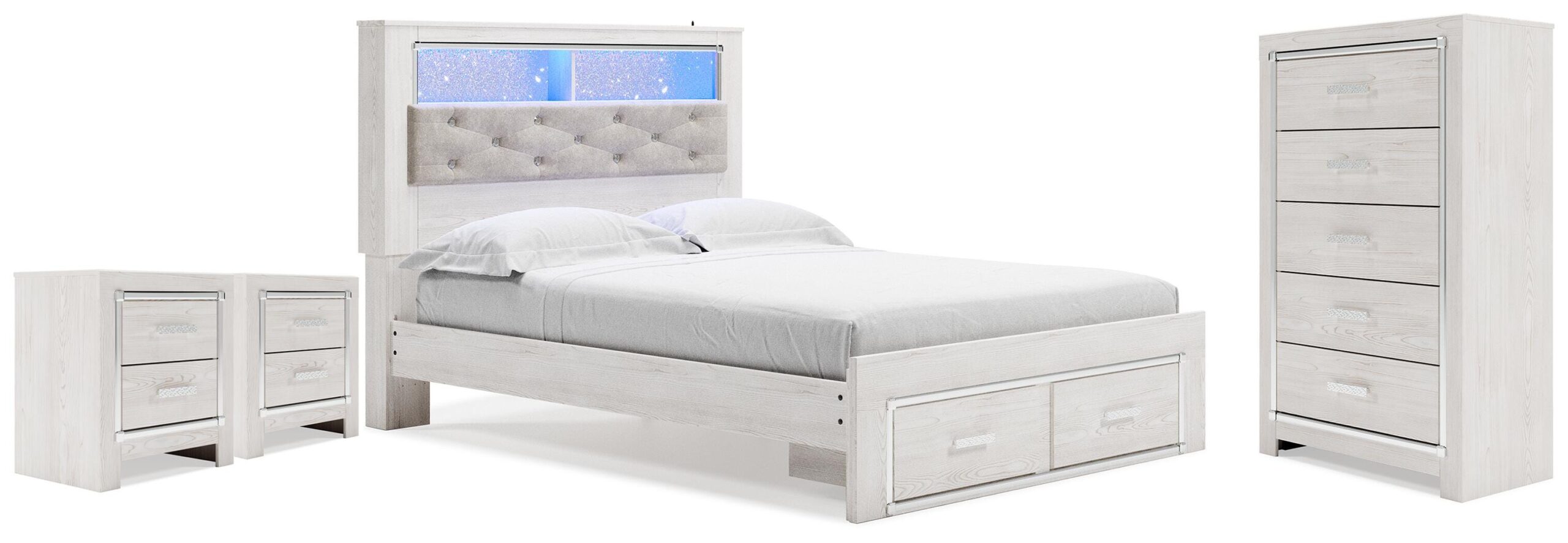 1f7a69932f0224300cadfdea66047494 Altyra Queen Bookcase Storage Bed, Chest and 2 Nightstands - Image 1