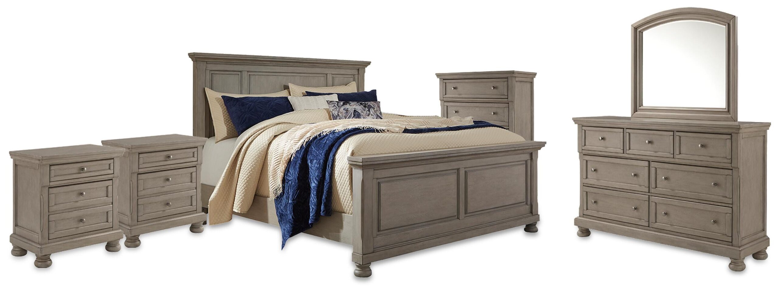 21bd5d03ee80626373350302ef45809a Lettner King Panel Bed, Dresser, Mirror, Chest and 2 Nightstands - Image 1