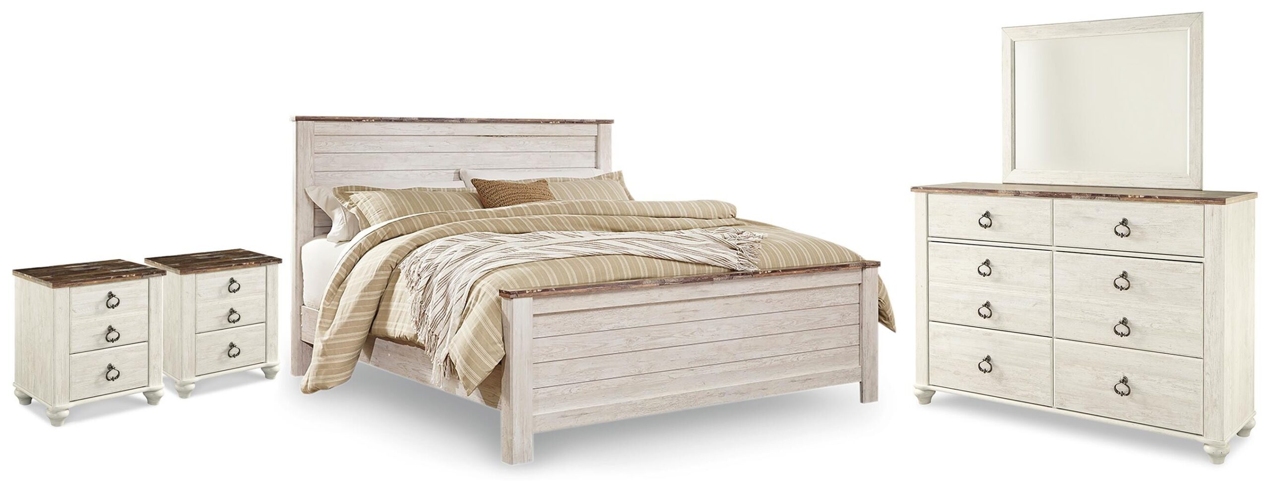 244d78701942a49c0c2bf416a904dc4e Willowton King Panel Bed, Dresser, Mirror and 2 Nightstands - Image 1