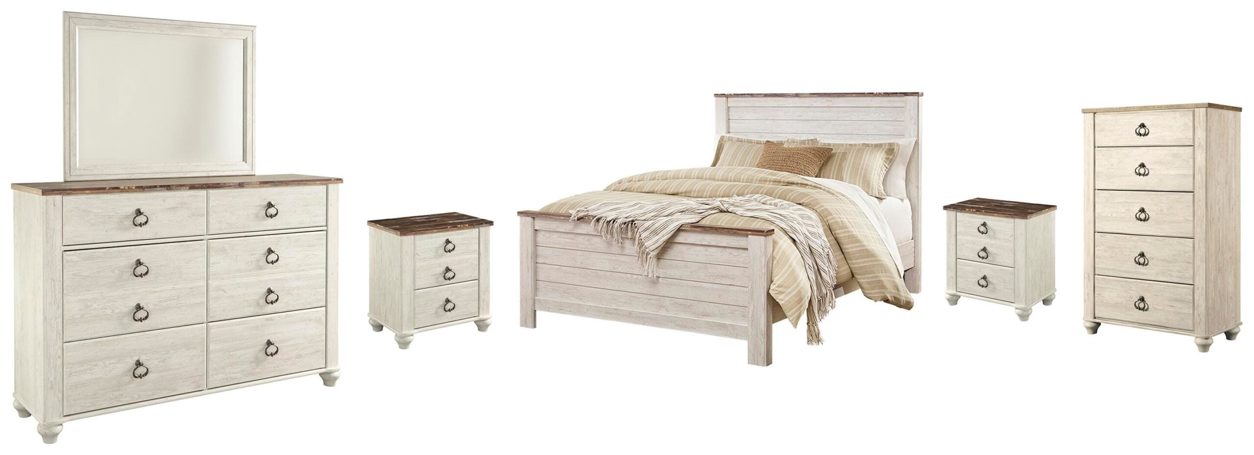 338236b4ed59422f04f9cef736fc49f4 Willowton Queen Panel Bed, Dresser, Mirror, Chest and 2 Nightstands - Image 1