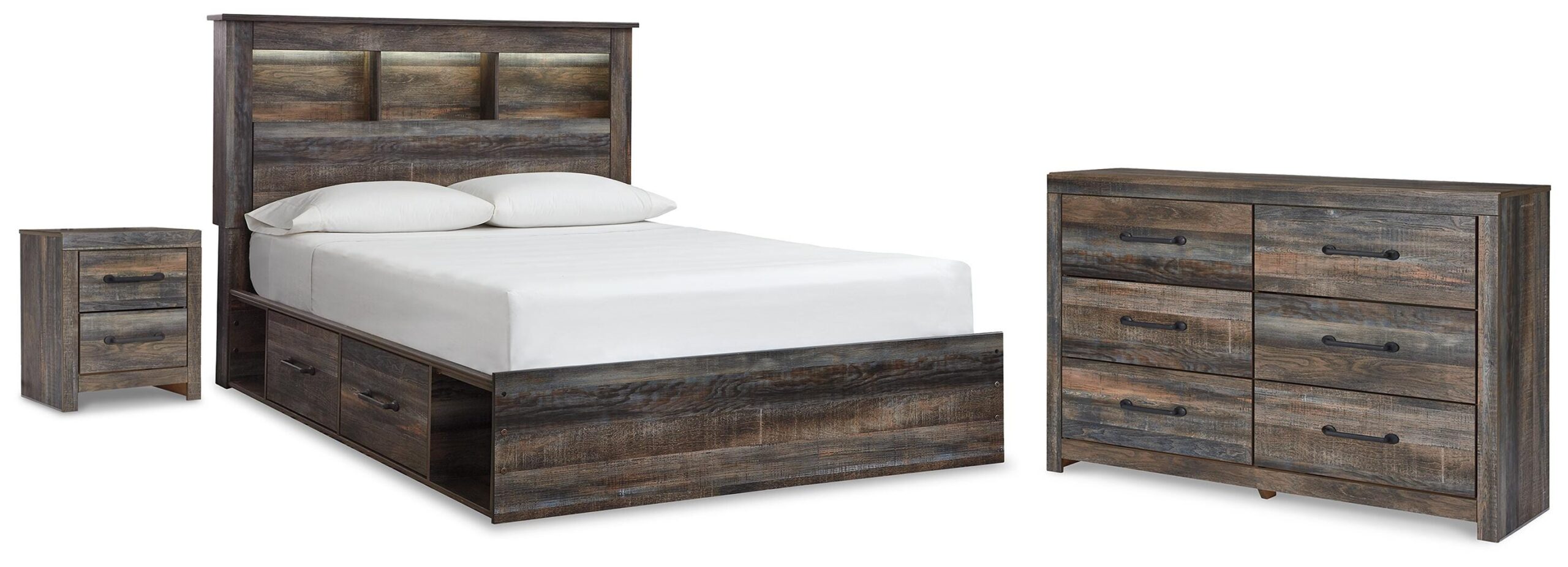 3e0803e7c8e84a8cbc24a4ddb56aeeb6 Drystan Queen Bookcase Bed with Storage, Dresser and Nightstand - Image 1