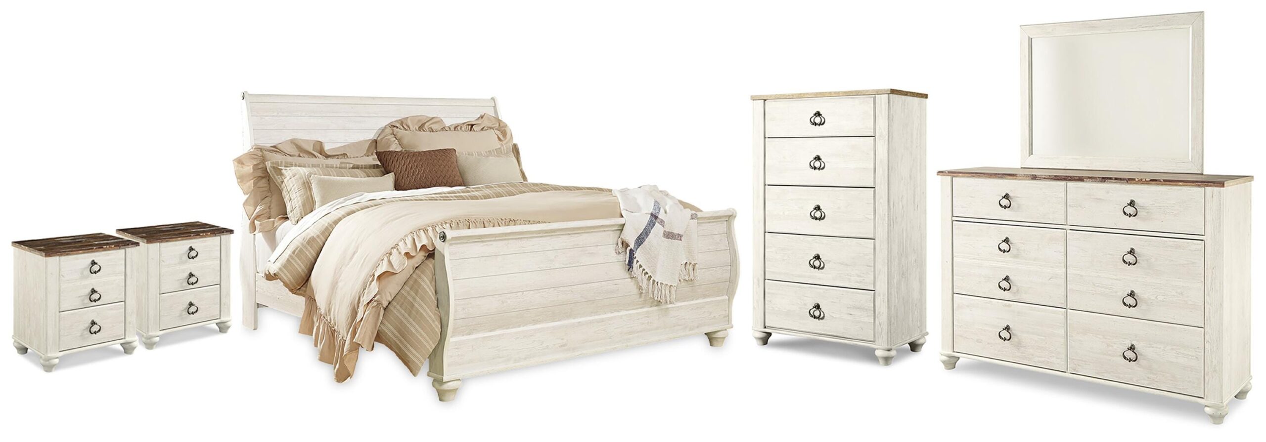 4c3a0ffea7c28b66c9febd81582ae087 Willowton King Sleigh Bed, Dresser, Mirror, Chest and 2 Nightstands - Image 1