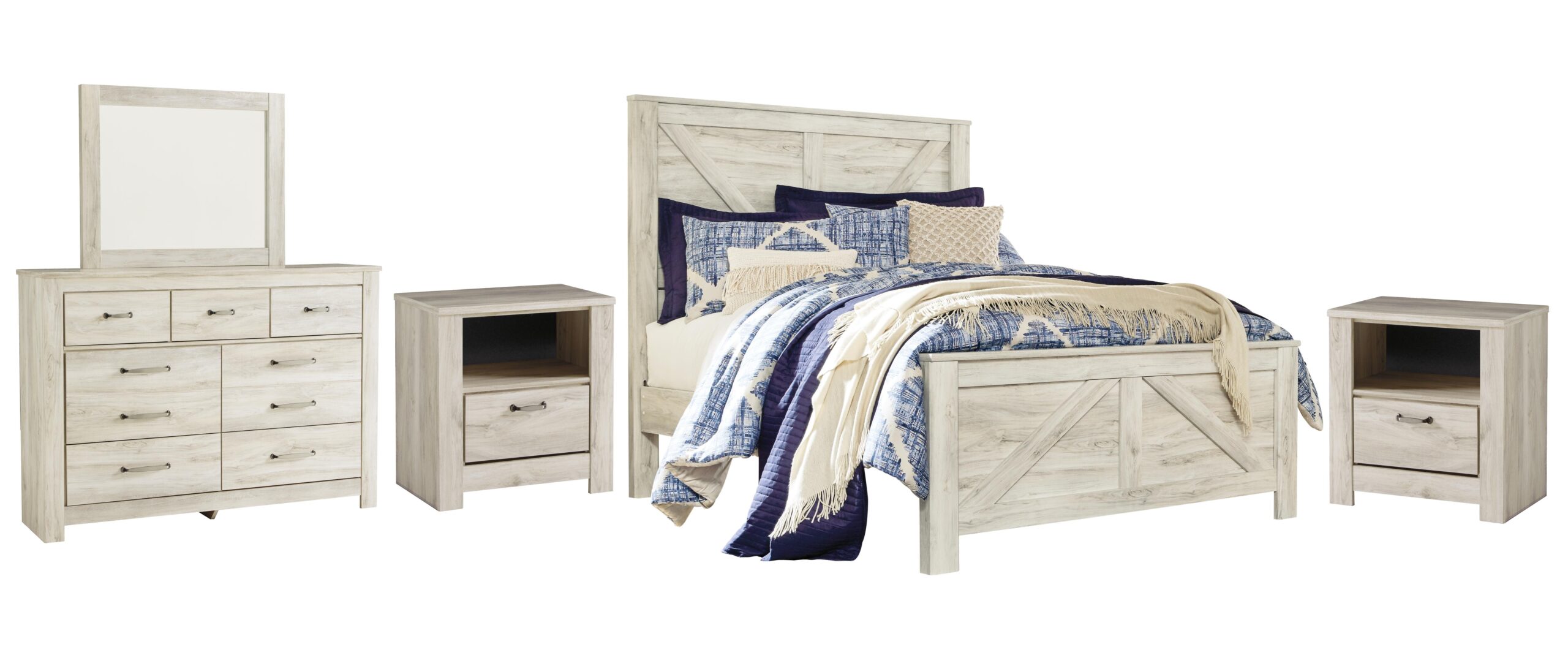 58724ebb99963ba5dd9638f1bdf9fee4 Bellaby Queen Crossbuck Panel Bed, Dresser, Mirror and 2 Nightstands - Image 1