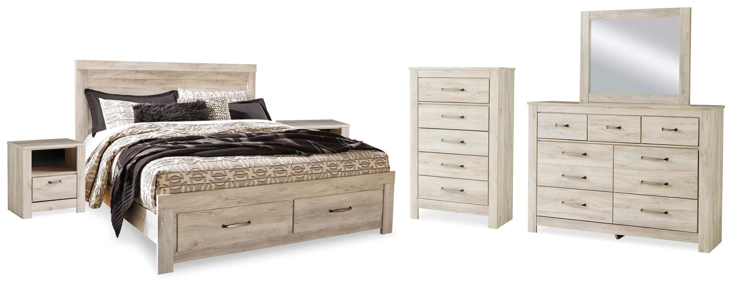 616e427997a5b9e125de7d7ac1f874ae Bellaby King Storage Bed, Dresser, Mirror, Chest and 2 Nightstands - Image 1
