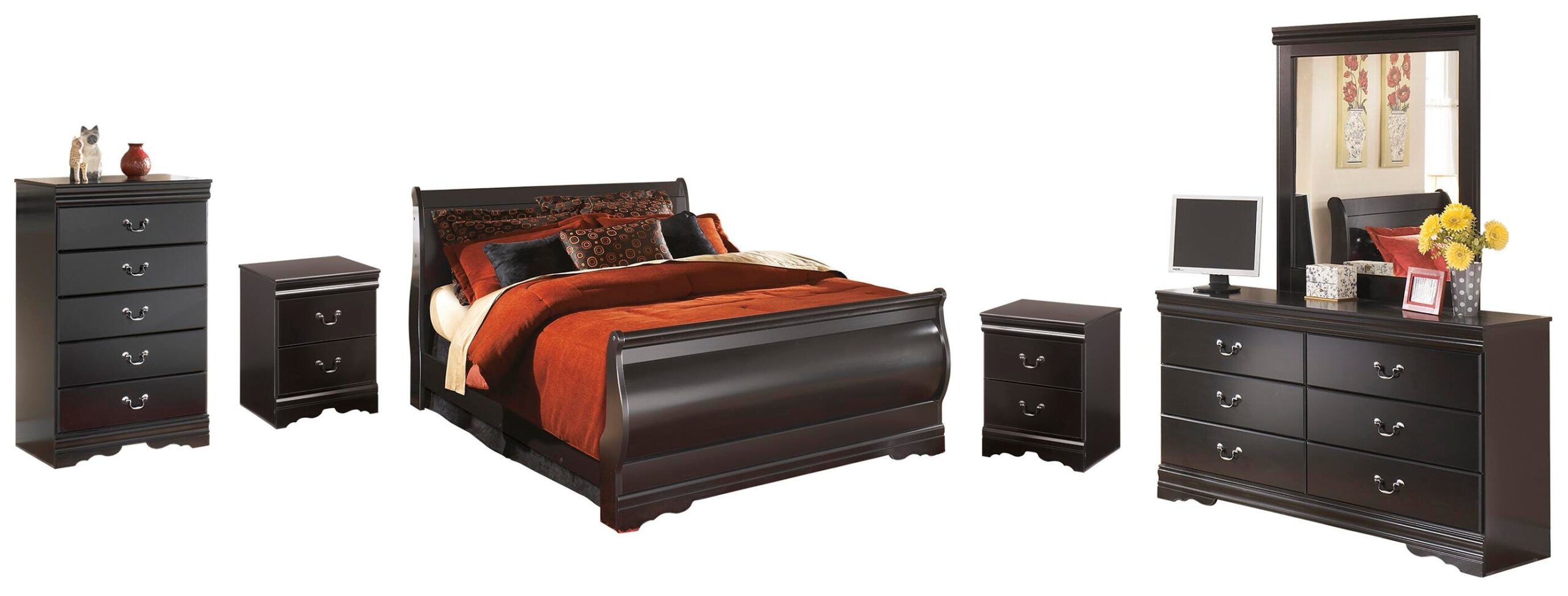 666dd1d8f9906b2bde9c74ffda0aeb5f Huey Vineyard Queen Sleigh Bed, Dresser, Mirror, Chest, and 2 Nightstands - Image 1