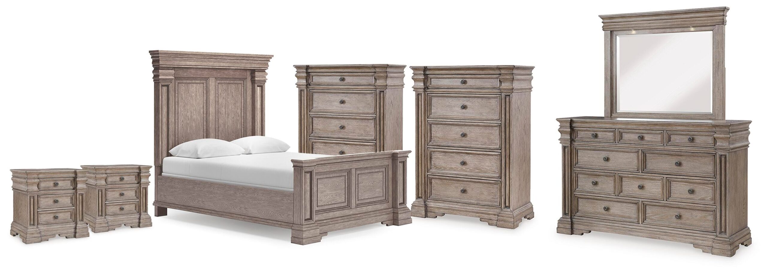 6deeaf3d736c96af3ac2bb578d4745c0 Blairhurst Queen Panel Bed. Dresser, Mirror, 2 Chests and 2 Nightstands - Image 1