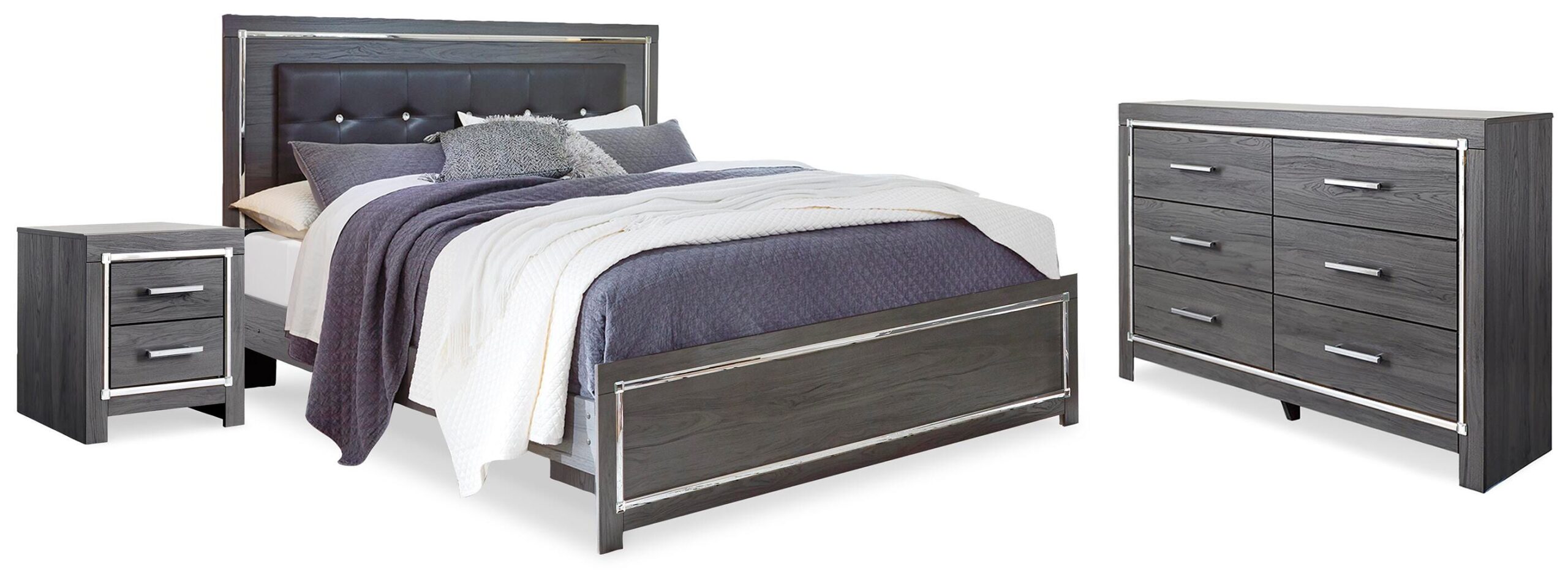 79fe84b421b2b7371d22d82267ea4ba6 Lodanna King Upholstered Panel Bed, Dresser and Nightstand - Image 1