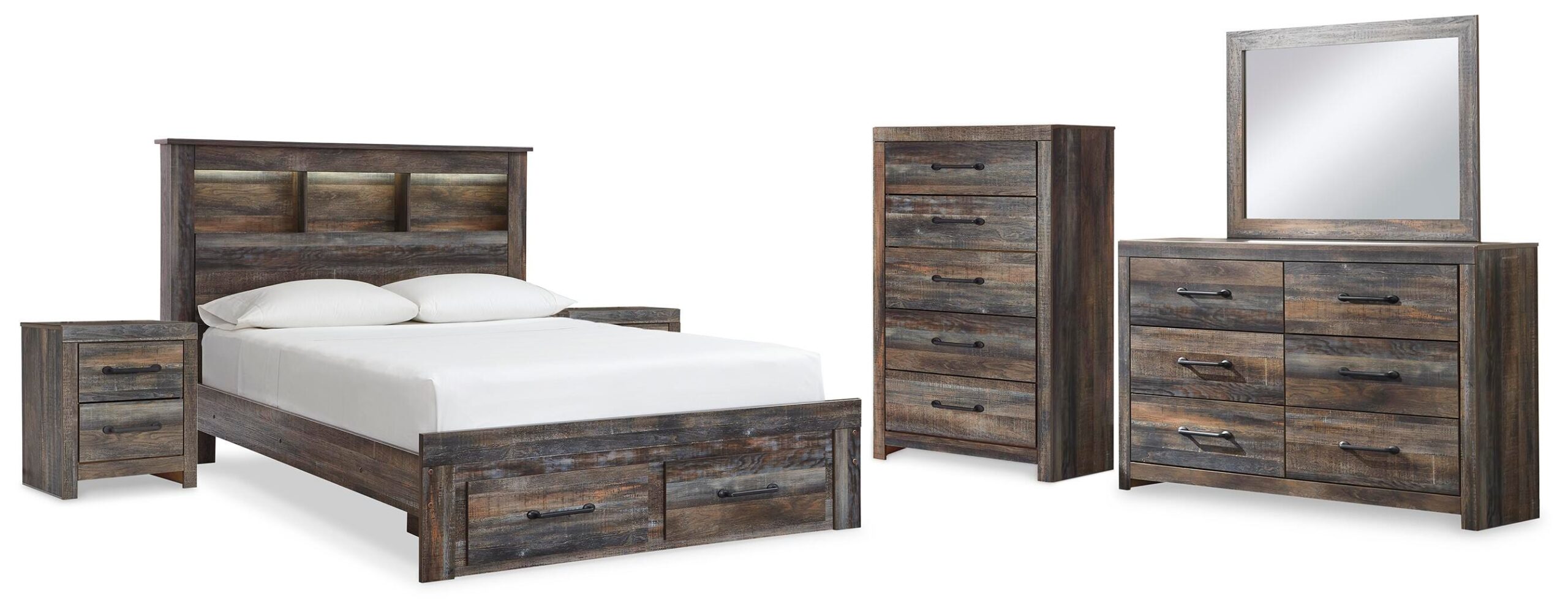 831bae8ea30cd6594d507fcfbd780c2c Drystan Queen Bookcase Storage Bed, Dresser, Mirror, Chest and 2 Nightstands - Image 1