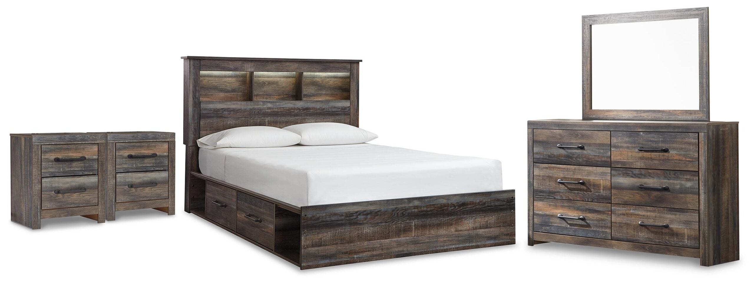 8568ffb11356c522809074cc4cdd3a20 Drystan Queen Bookcase Storage Bed, Dresser, Mirror and 2 Nightstands - Image 1