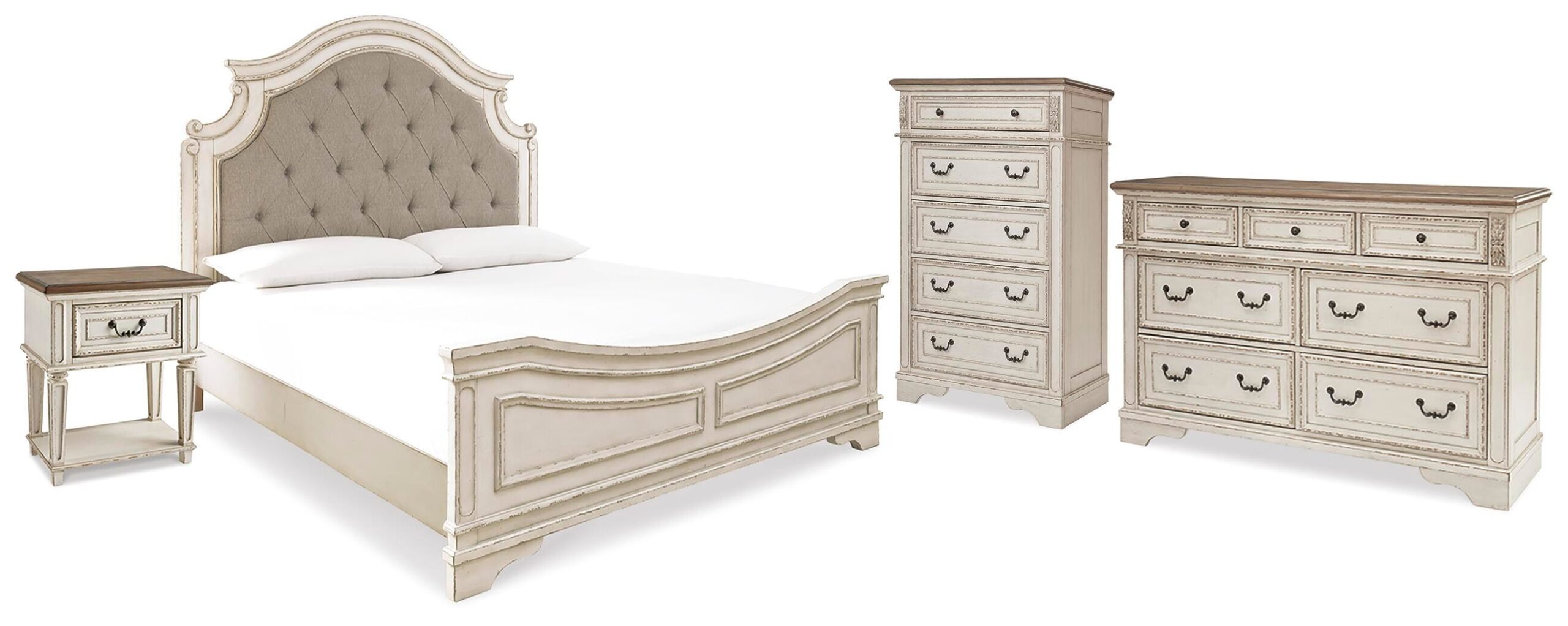 8e17e023d37da48eeb88514200adab44 Realyn King Upholstered Panel Bed, Dresser, Chest and Nightstand - Image 1