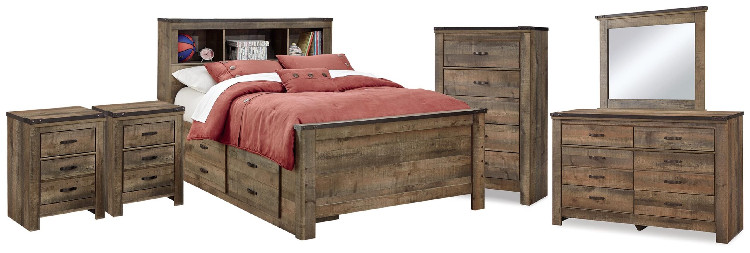 91471c21115dfa4409b80d83b6772be1 Trinell Full Bookcase Storage Bed, Dresser, Mirror, Chest and 2 Nightstands - Image 1