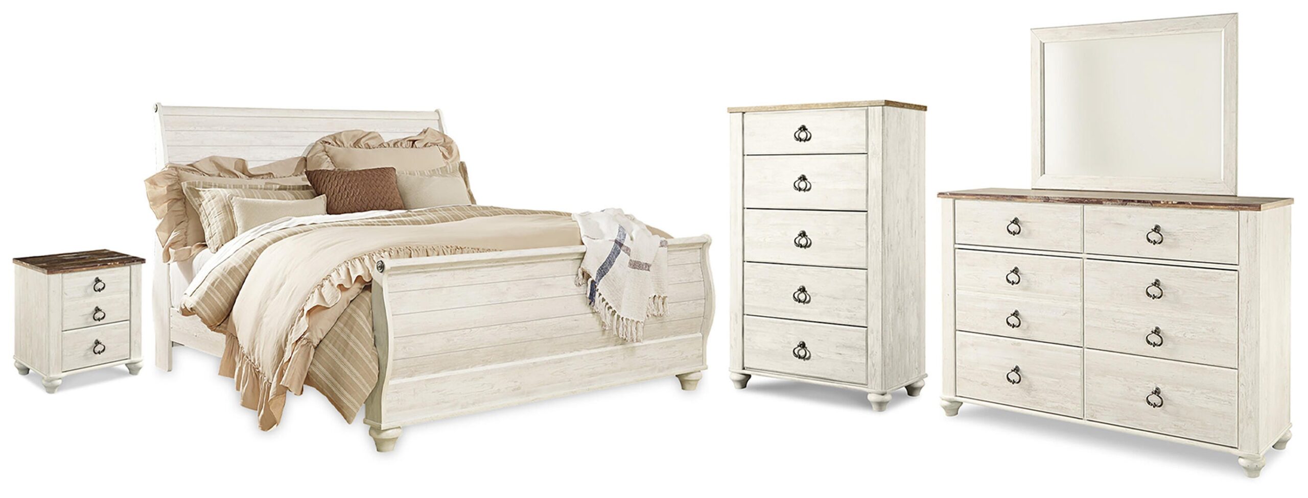 955e3333f83b666354935c673a8651a8 Willowton King Sleigh Bed, Dresser, Mirror, Chest and Nightstand - Image 1
