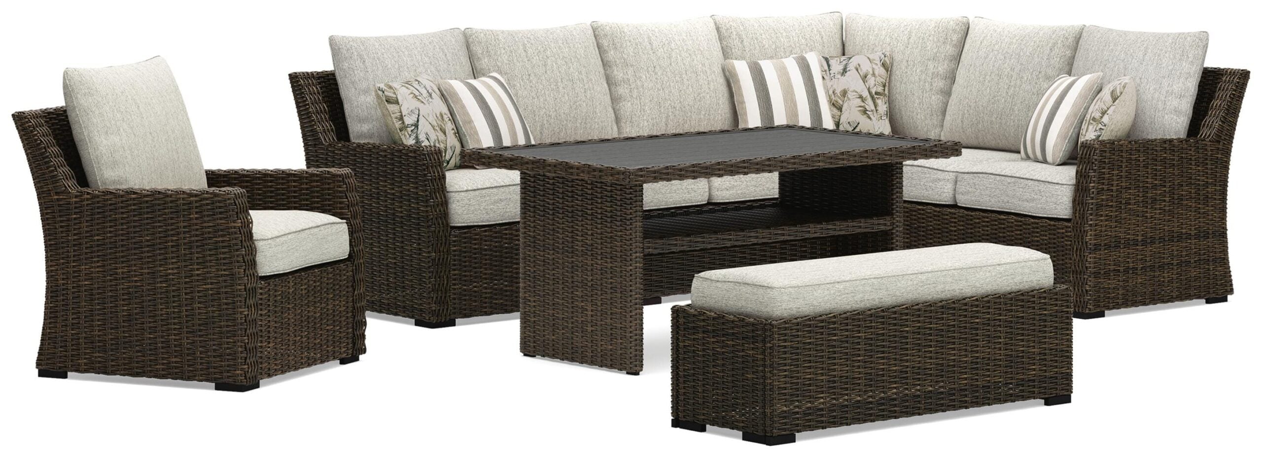 a9a7042b85a24fb5d8e2774f062497c0 Brook Ranch Outdoor Sofa Sectional, Bench, Lounge Chair and Table - Image 1
