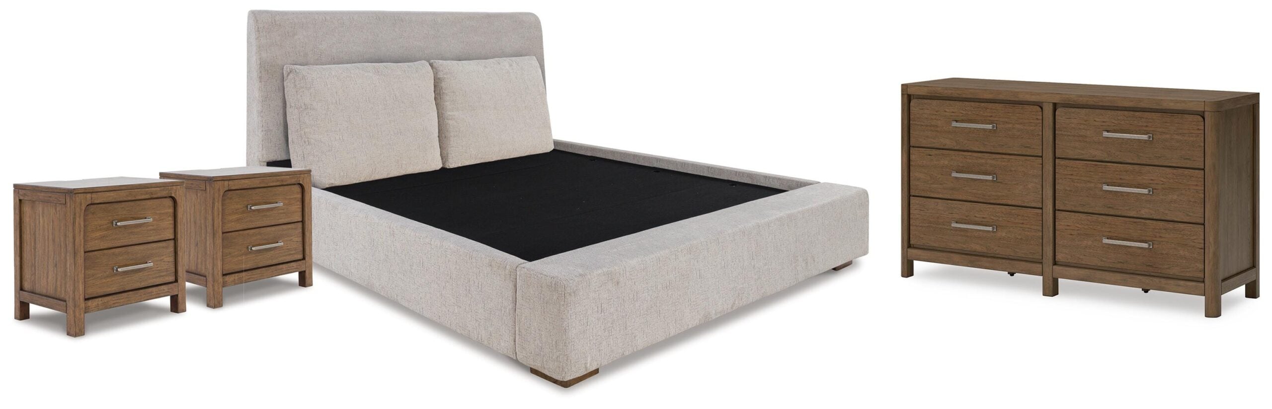 adc4d65902a3aceaaa1c3e11b362e85e Cabalynn King Upholstered Bed, Dresser and 2 Nightstands - Image 1