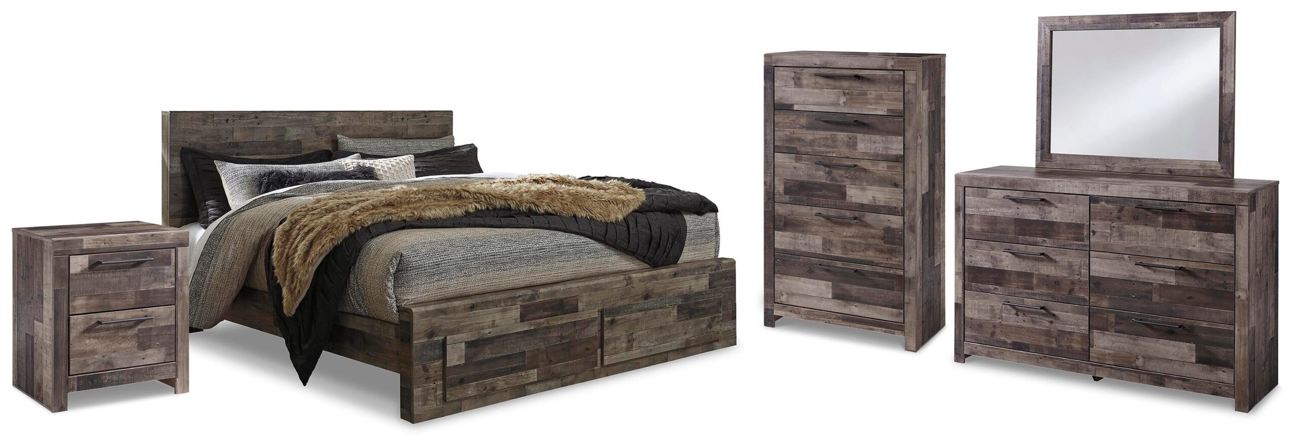 b2449065527f6bac6f48cd03b6a6c517 Derekson King Panel Storage Bed, Dresser, Mirror, Chest and Nightstand - Image 1