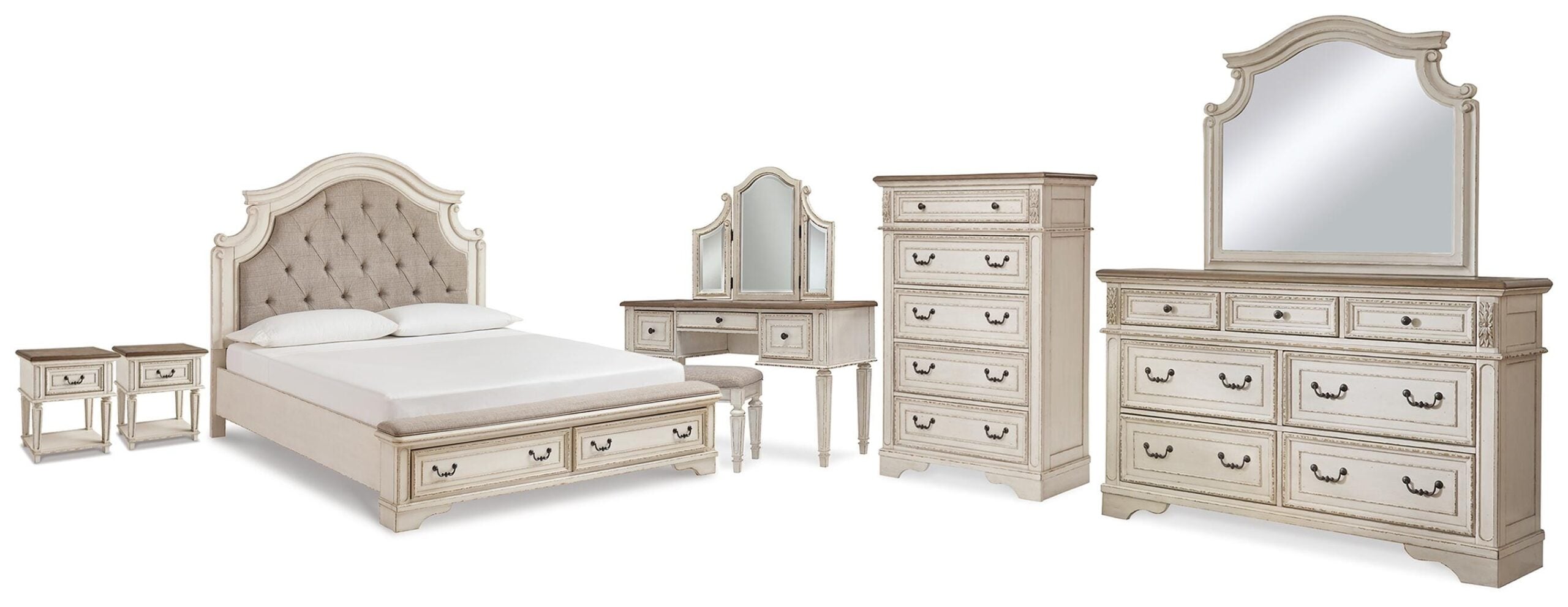 bf43eed9f85074ef94dc162cbdde7959 Realyn King Storage Bed, Dresser, Mirror, Chest, Vanity with Stool and 2 Nightstands - Image 1