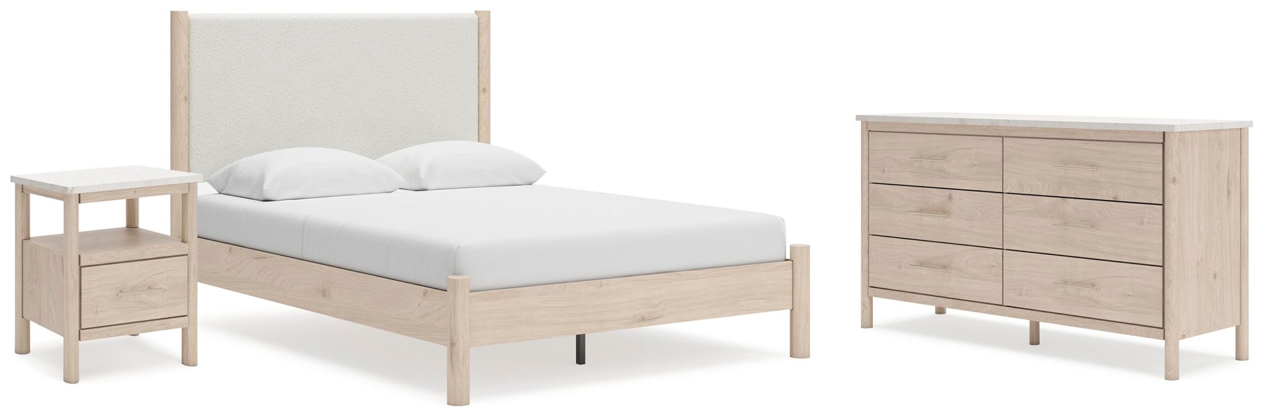 c672b1c9d2be8a8fbbc5e9bf604ff96e Cadmori Queen Upholstered Panel Bed, Dresser and Nightstand - Image 1