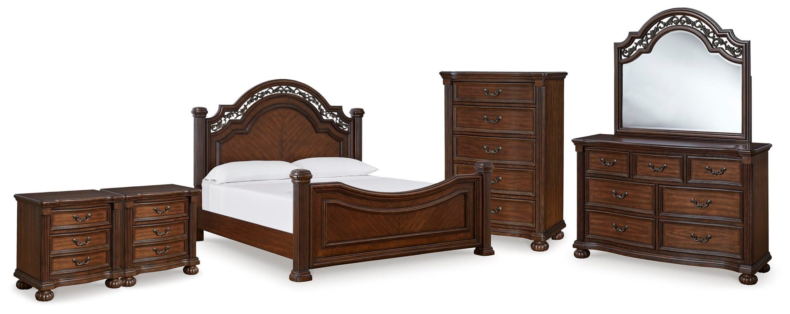 c8a916e588e5dc62fb1b23ce0b41bc17 Lavinton Queen Poster Bed, Dresser, Mirror, Chest and 2 Nightstands - Image 1