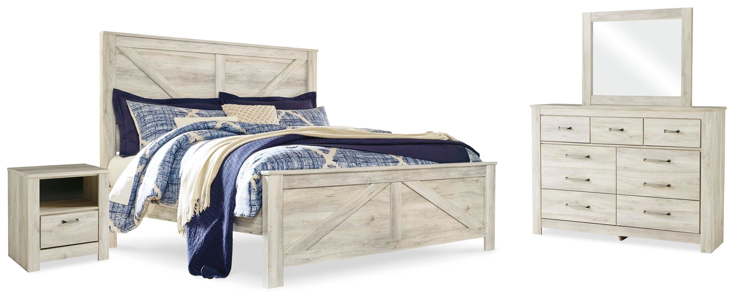 cc80e880a9c9ac6c0266aecf2e3d5fd4 Bellaby King Crossbuck Panel Bed, Dresser, Mirror, and Nightstand - Image 1