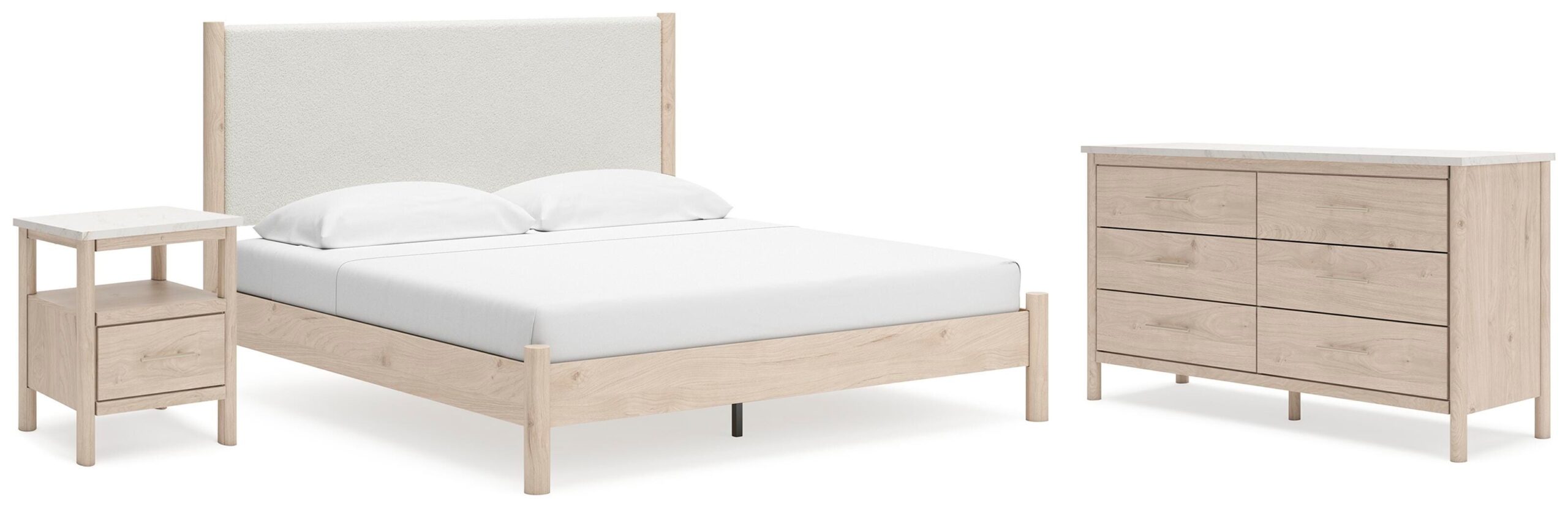 cd7918052b58ef12bd39a9e99f03ab2d Cadmori King Upholstered Panel Bed, Dresser and Nightstand - Image 1