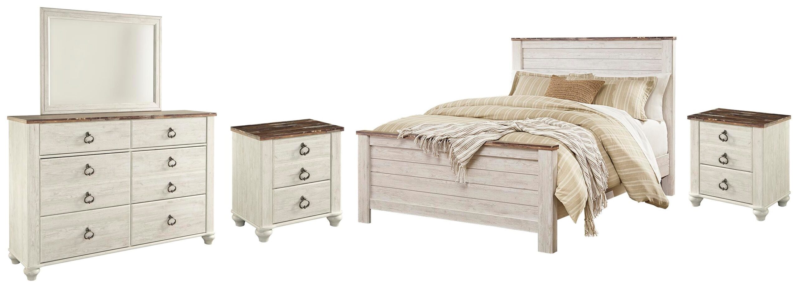 d2fdcdde77c542169142e5e4ef22cf27 Willowton Queen Panel Bed, Dresser, Mirror and 2 Nightstands - Image 1