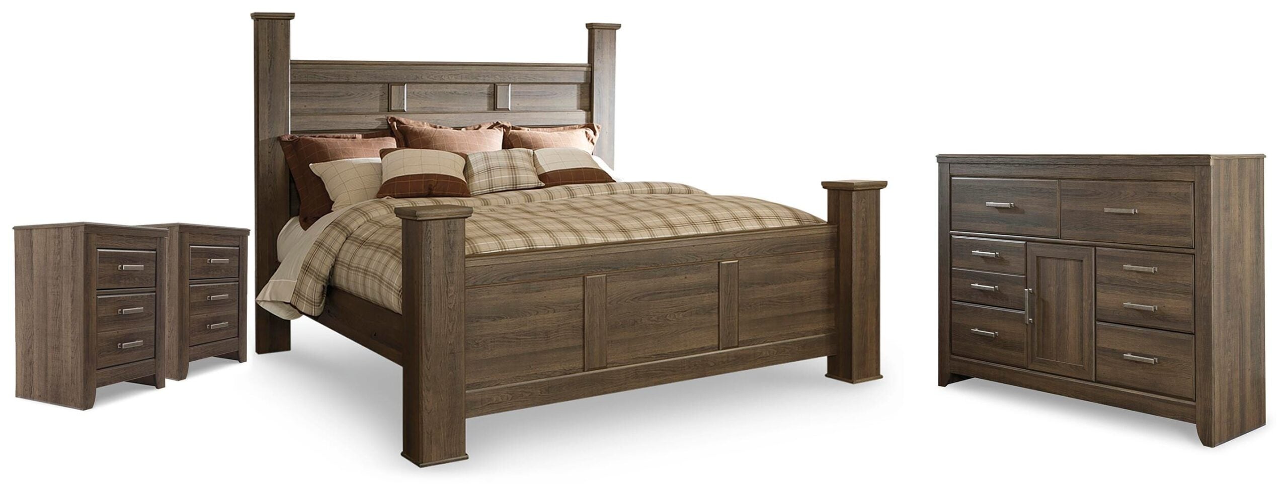 e0e68b343fffbb139c13ee18a22a96e7 Juararo King Poster Bed, Dresser and 2 Nightstands - Image 1