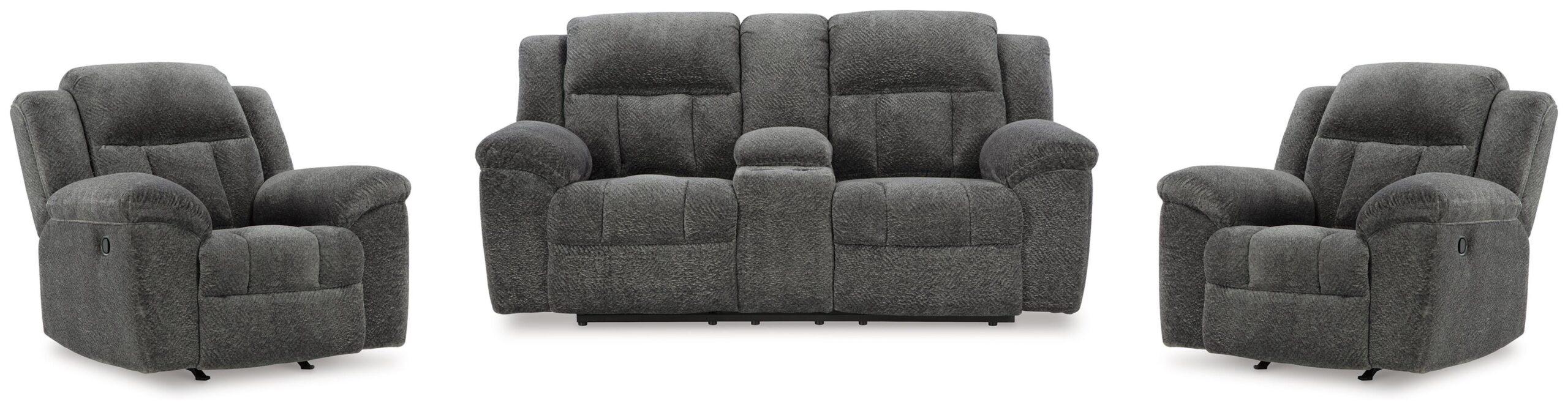 e392deea175e2b8ca713b16689124444 Frohn Reclining Loveseat with Console and 2 Recliners - Image 1