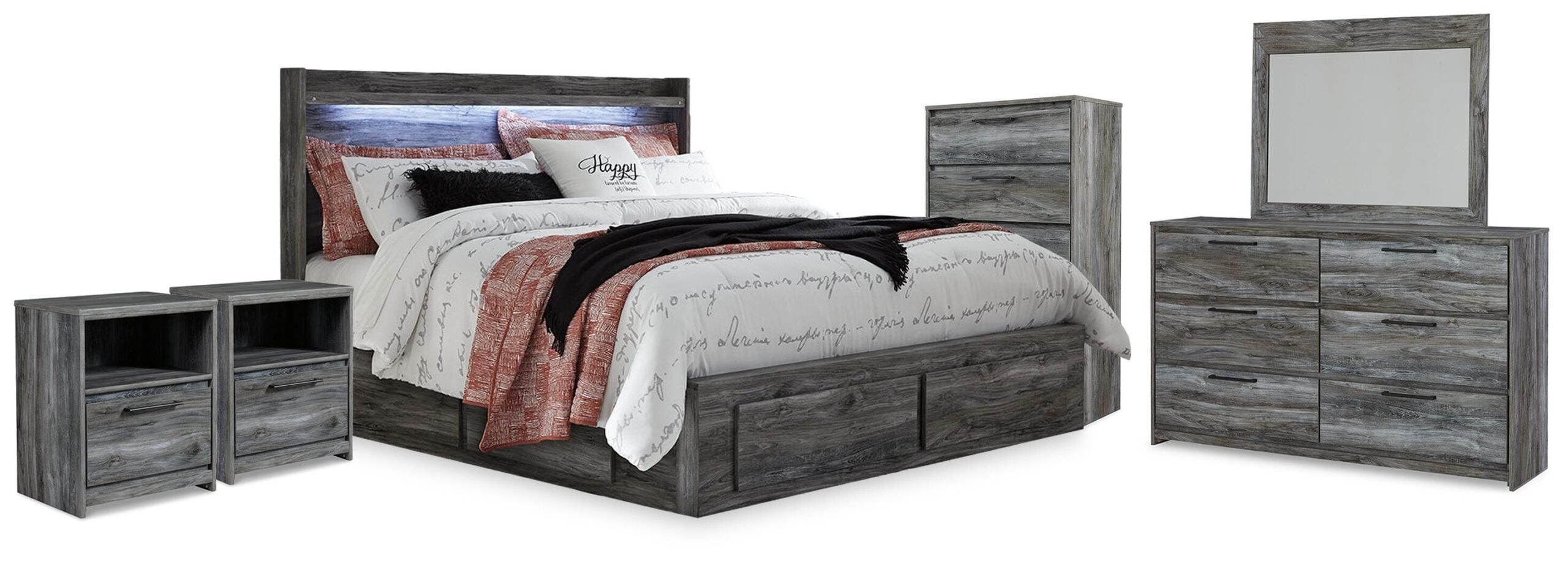 f91f40f9ac5970477fd318dd67e1fc02 Baystorm King Storage Bed, Dresser, Mirror, Chest and 2 Nightstands - Image 1