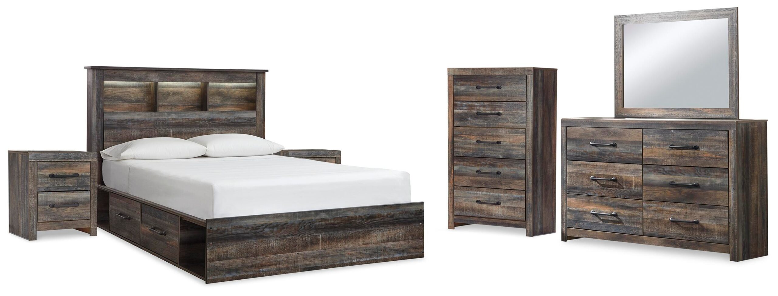 fb903dc8d8b1aeeb1e3d9245848b624e Drystan Queen Bookcase Storage Bed, Dresser, Mirror, Chest and 2 Nightstands - Image 1